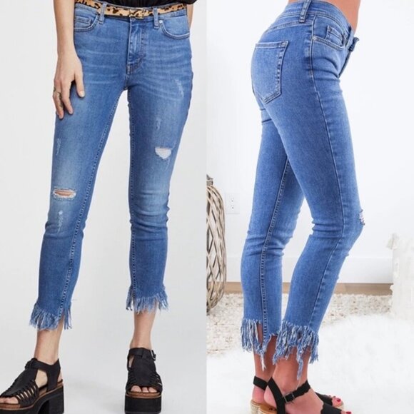 Free People Raw Hem Fringe High Rise Denim Blue Jeans Great Heights Size 27 Boho - Picture 2 of 14